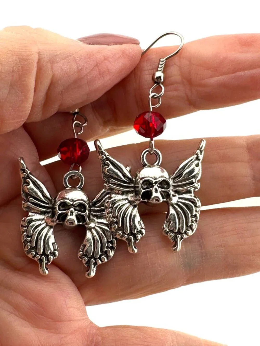 Winged Skull Earrings Red Crystal Gothic Halloween Silver Tone Dangle